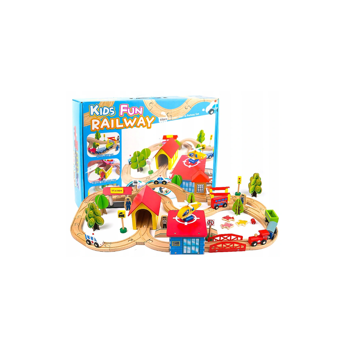 Drewniany Tor Kolejka Autka Drzewa Budynki Helikop