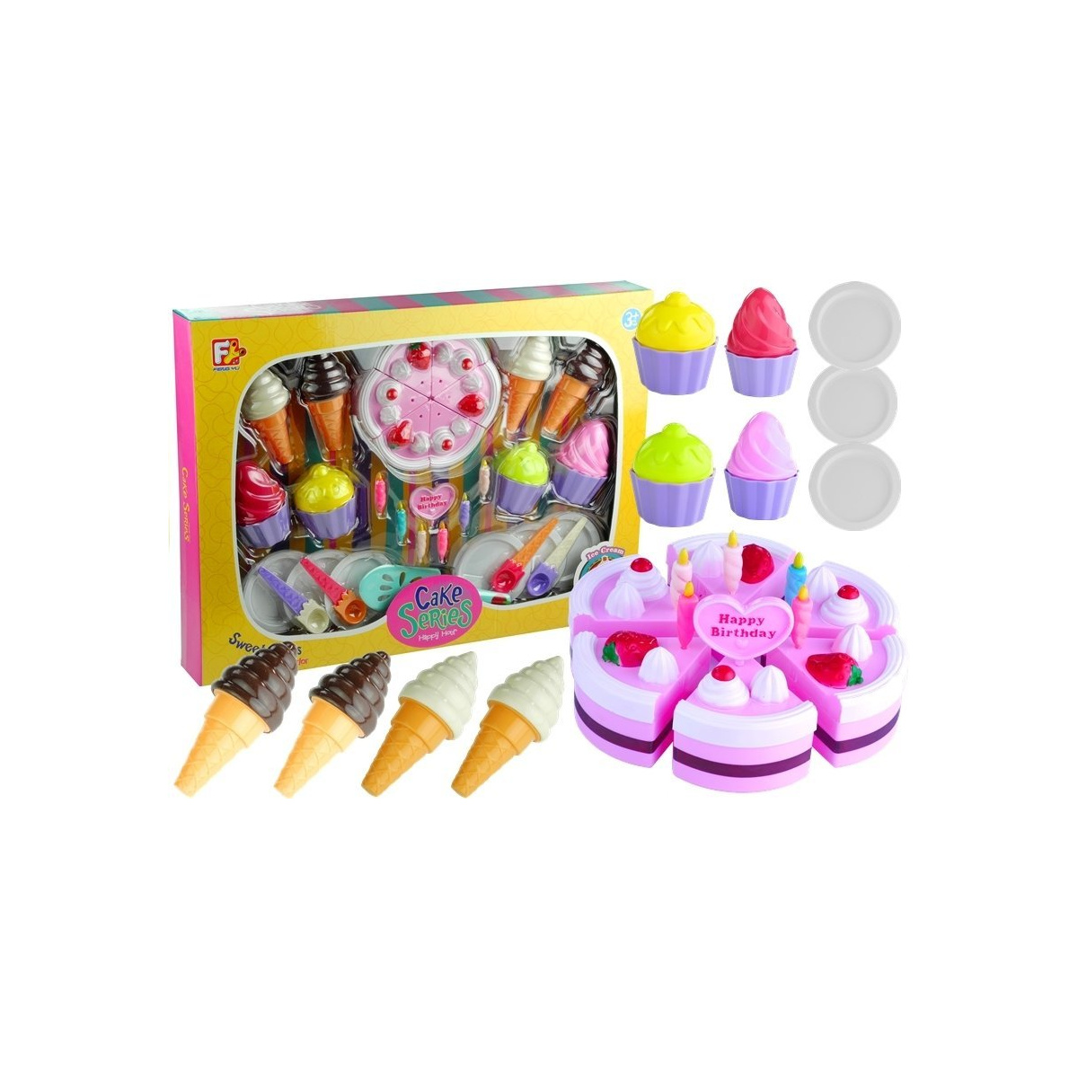 Duży Zestaw Serwis Urodzinowy Tort 32 Elementy